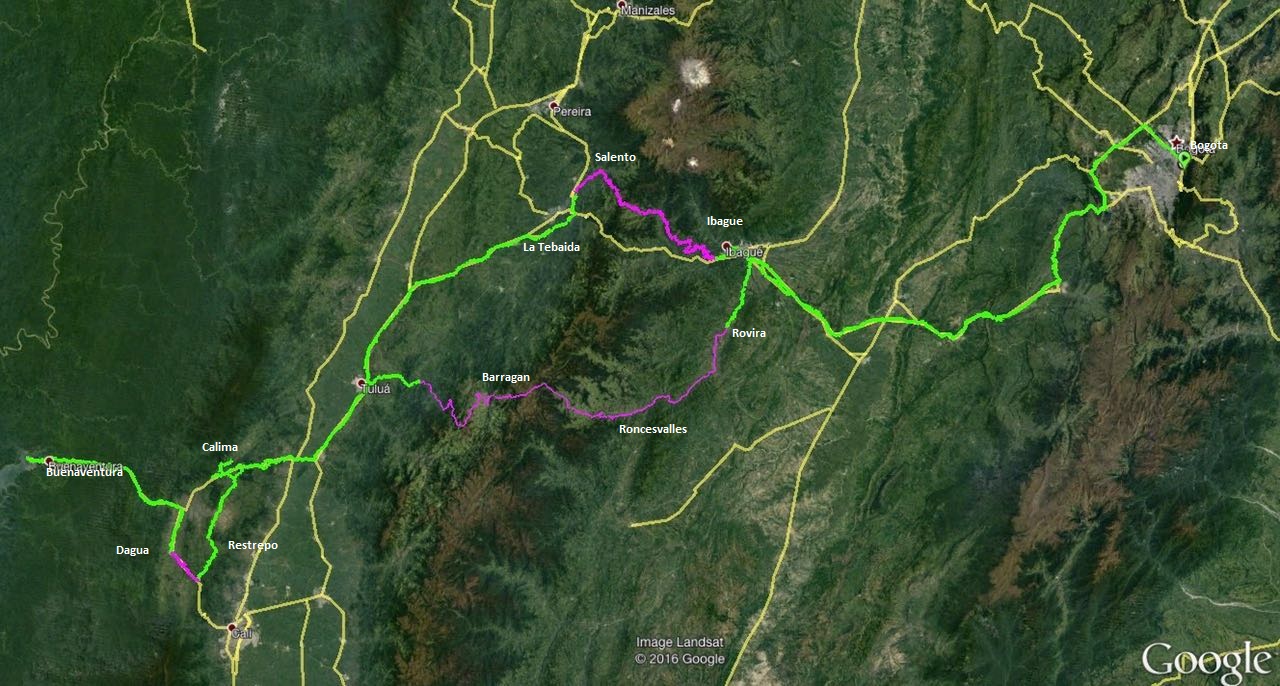 Recorrido Total - En Morado carreteras Off Road - Mapa Jorge Uribe